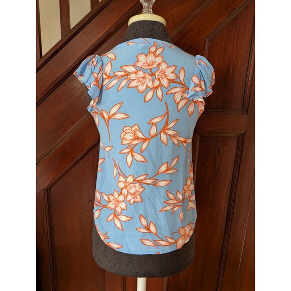 Talbots Womens Petite Floral Print Top P Viscose Blue & Orange - Picture 2 of 8